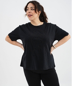 GEMO Tee-shirt manches courtes et col rond brodé femme grande taille noir standard