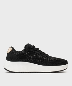 GEMO Baskets basses semelle plateforme et dessus textile élégant femme noir chine