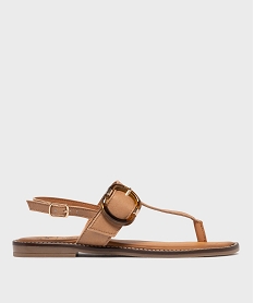 GEMO Sandales plates en cuir à entredoigt et grosse boucle fantaisie femme - Tanéo Beige