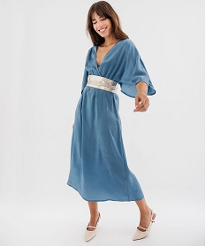 GEMO Robe longue en voile satiné à encolure cache-cœur femme bleu standard