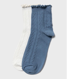 GEMO Chaussettes en maille ajourée finitions froncées femme (lot de 2) bleu standard