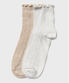 GEMO Chaussettes en maille ajourée finitions froncées femme (lot de 2) beige standard