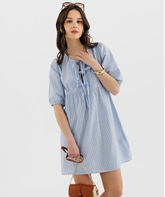 GEMO Robe courte à rayures avec fermeture liens femme Bleu