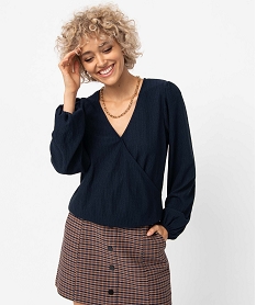 GEMO Tee-shirt femme effet blouse avec col cache-coeur noir chine