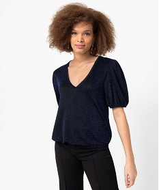 GEMO Tee-shirt femme à manches courtes en maille pailletée bleu standard
