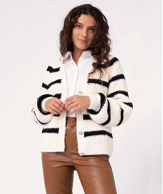 GEMO Gilet femme en grosse maille avec boutons strass Beige