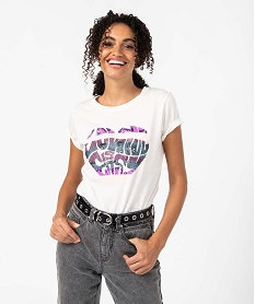 tee-shirt femme a manches courtes avec large motif a sequins beigeN103701_1