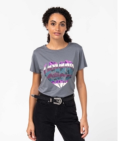 GEMO Tee-shirt femme à manches courtes avec large motif à sequins marron chine