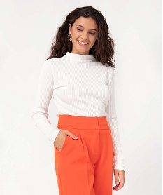 GEMO Tee-shirt femme à manches longues en maille côtelée ajourée blanc chine