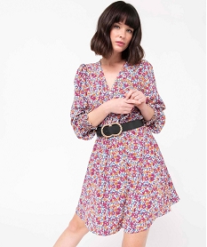 GEMO Robe femme à motifs fleuris avec détails smockés kaki vif