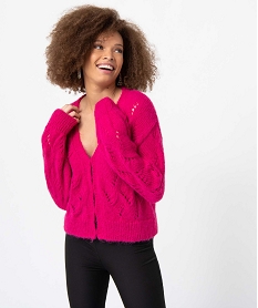 GEMO Gilet femme en maille fantaisie ajourée rose standard