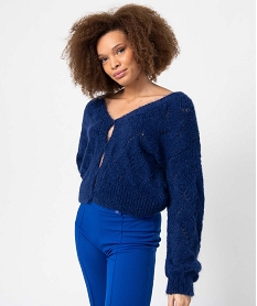 GEMO Gilet femme en maille fantaisie ajourée bleu standard