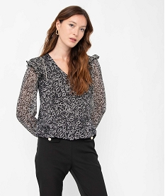 GEMO Tee-shirt femme imprimé à manches longues en voile Noir