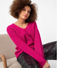 GEMO Pull femme en grosse maille à double col V rose vif