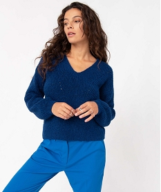 pull femme en grosse maille a double col v bleu pullsO777701_1