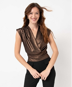 GEMO Tee-shirt femme cache-cœur sans manches en matière lamée marron standard