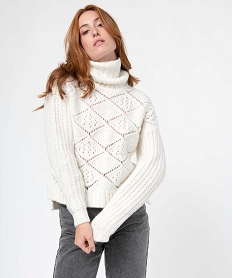 GEMO Pull femme à col roulé en maille fantaisie Blanc