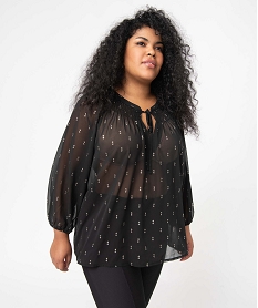 blouse femme grande taille en voile imprime brillant et smocks noirP277301_1