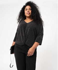 GEMO Tee-shirt femme grande taille à manches courtes paillettes et nœud dans le bas Noir