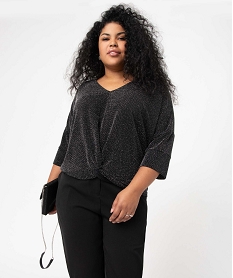 GEMO Tee-shirt femme grande taille à manches courtes paillettes et noud dans le bas Noir