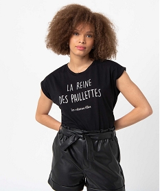 GEMO Tee-shirt femme à manches courtes avec message pailleté Noir