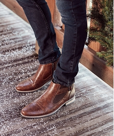GEMO Boots homme chelsea unies zippées et boucle décorative marron vif