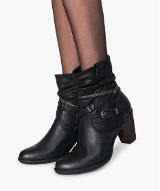 GEMO Bottines femme à talon tige plissée et brides fantaisie noir standard
