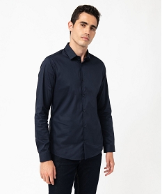 chemise homme unie coupe slim en coton stretch bleu chemise manches longuesU027601_1