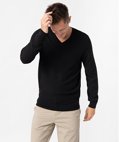 GEMO Pull homme à col V en maille fantaisie Noir