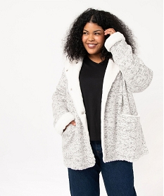 GEMO Manteau en maille bouclette et détails duveteux femme grande taille Gris