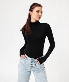 GEMO Tee-shirt femme uni avec col roulé et manches longues noir standard
