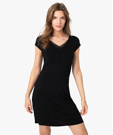 GEMO Chemise de nuit en maille extensible avec col V en dentelle femme Noir