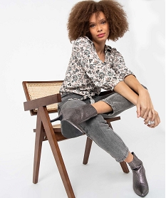GEMO Blouse femme à motifs fleuris à nouer dans le bas violet vif