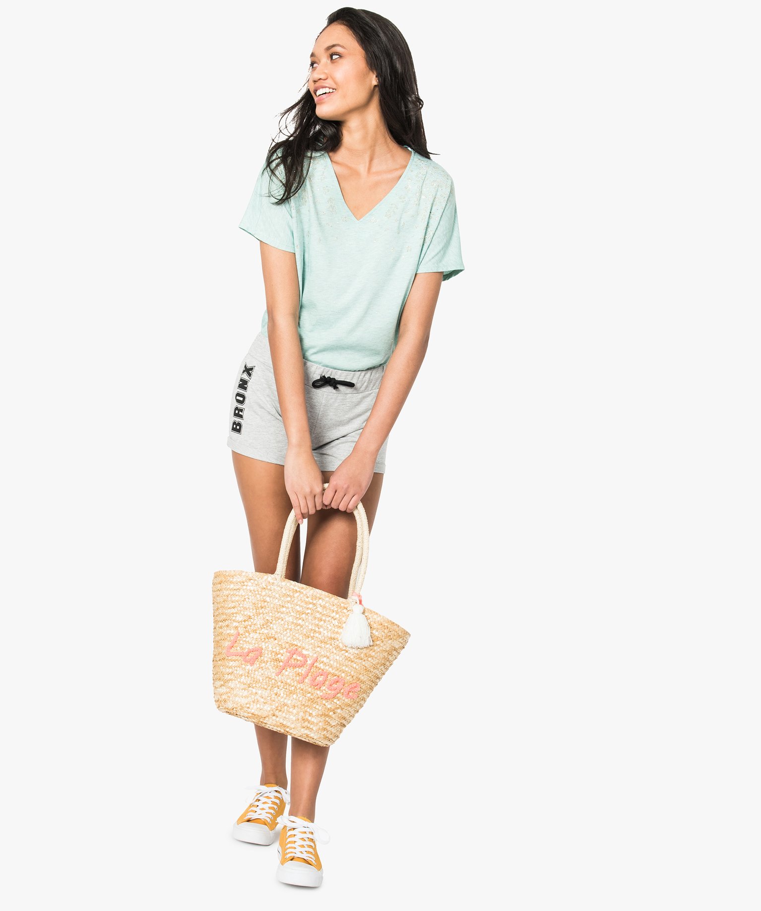 Gemo sacs et accessoires sac de plage avec pompon et inscription brodee beige cabas grand volume femme GEMO