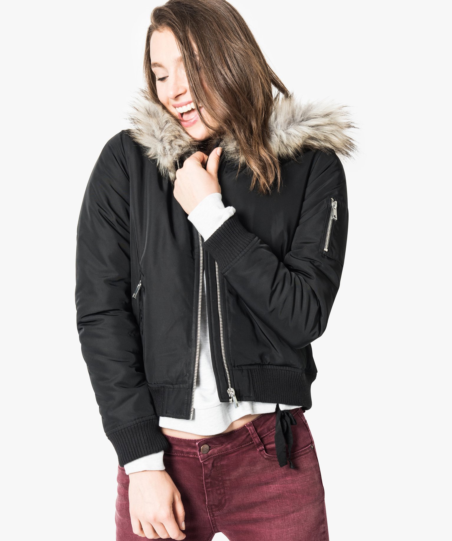 Gemo vetements blouson bomber avec capuche noir manteaux femme GEMO