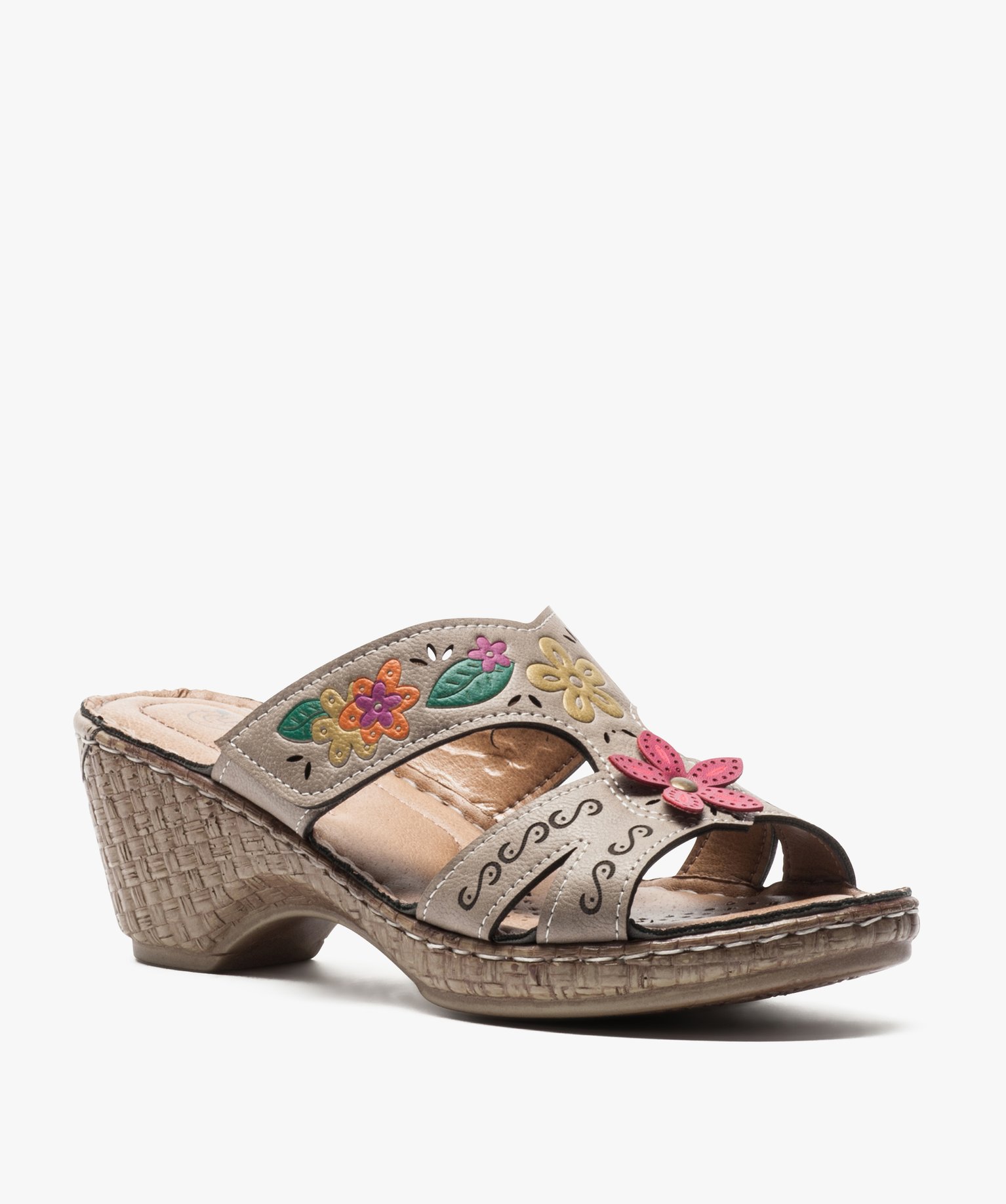 Gemo Chaussures Femmes Gemo chaussures mules femme confort a talon compense et motif floral brun femme | GÉMO