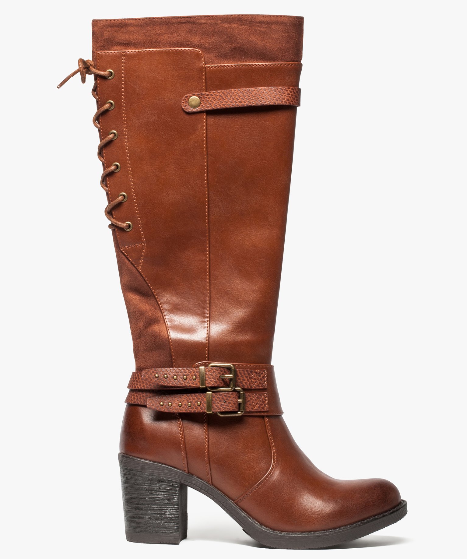 Gemo chaussures bottes bi matieres avec lacets a l arriere du mollet marron standard bottes a talon femme GEMO