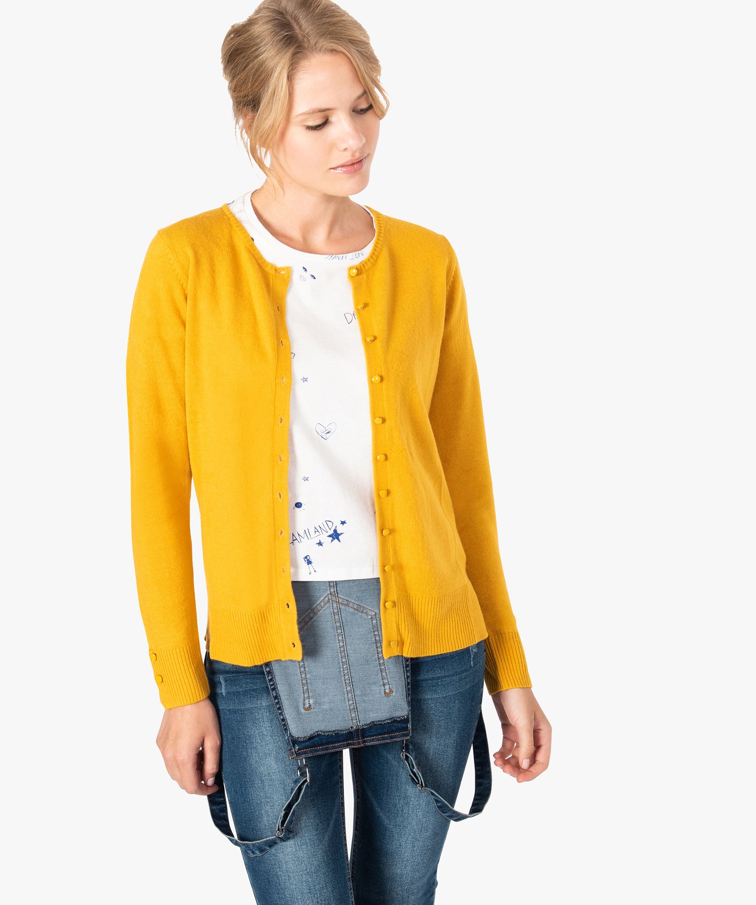 Gemo vetements gilet pour femme boutonne sur lavant avec col rond jaune gilets  femme | GÉMO