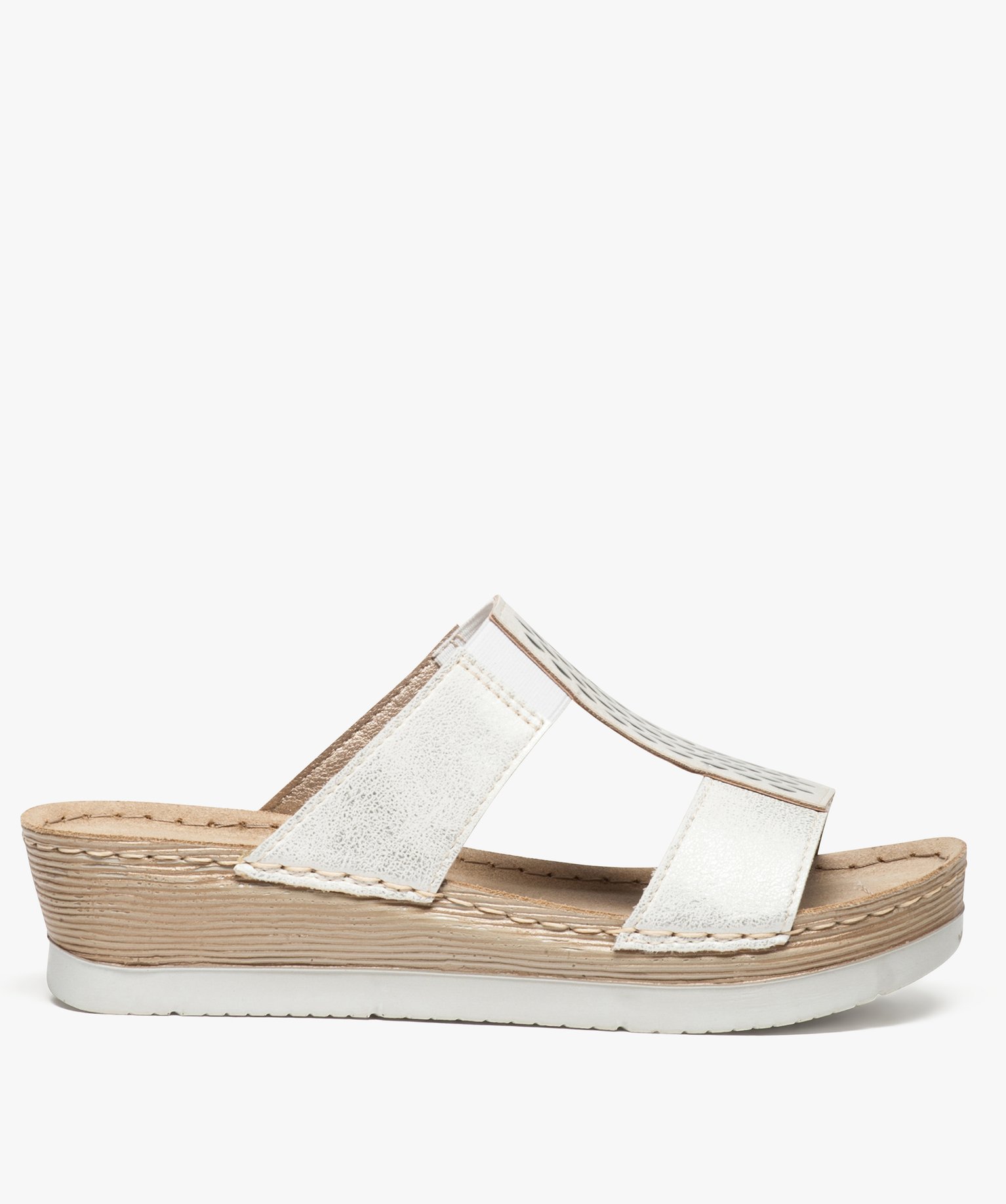 Gemo chaussures mules femme confort a talon compense et brides effet brillant blanc mules et sabots femme GEMO