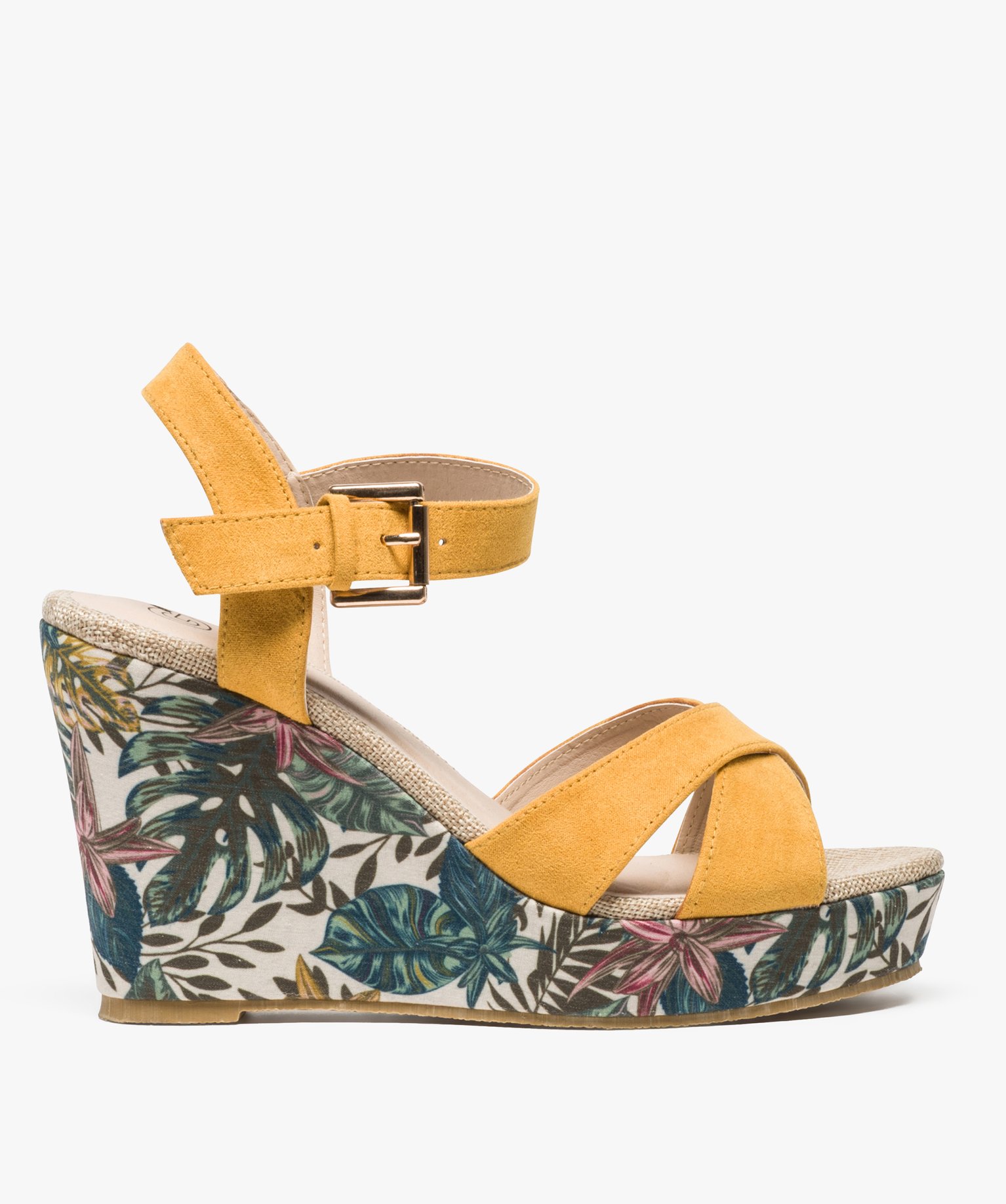 Gemo chaussures sandales femmes a talon compense et semelle fleurie jaune standard sandales a talon femme GEMO