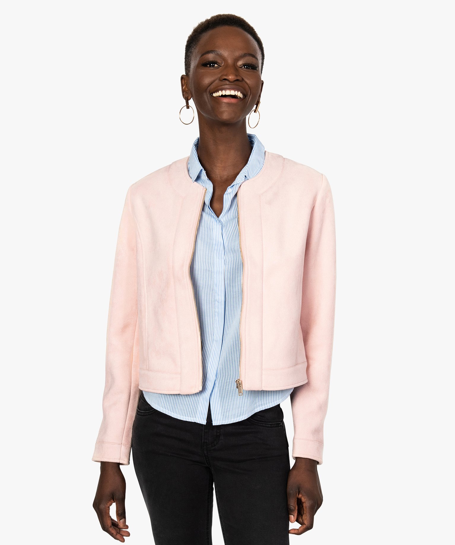 Gemo vetements blouson court pour femme avec col rond rose vestes femme GEMO