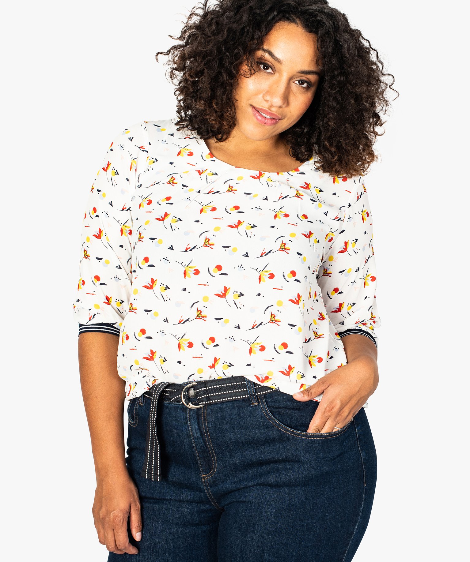 Gemo grande taille tunique femme fluide a motifs avec bord cote sport aux manches imprime chemisiers et blouses femme GEMO