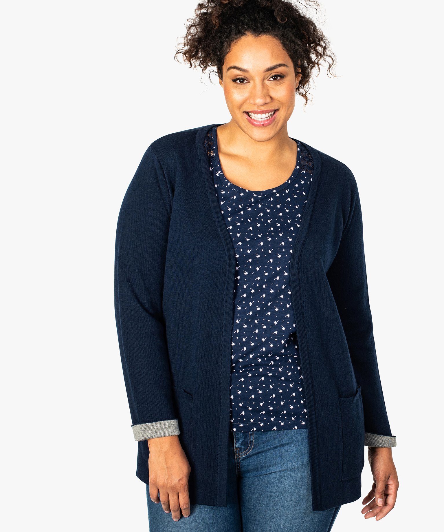 Gemo grande taille gilet femme porte ouvert a revers et poches plaquees  bleu pulls et gilets femme | GÉMO