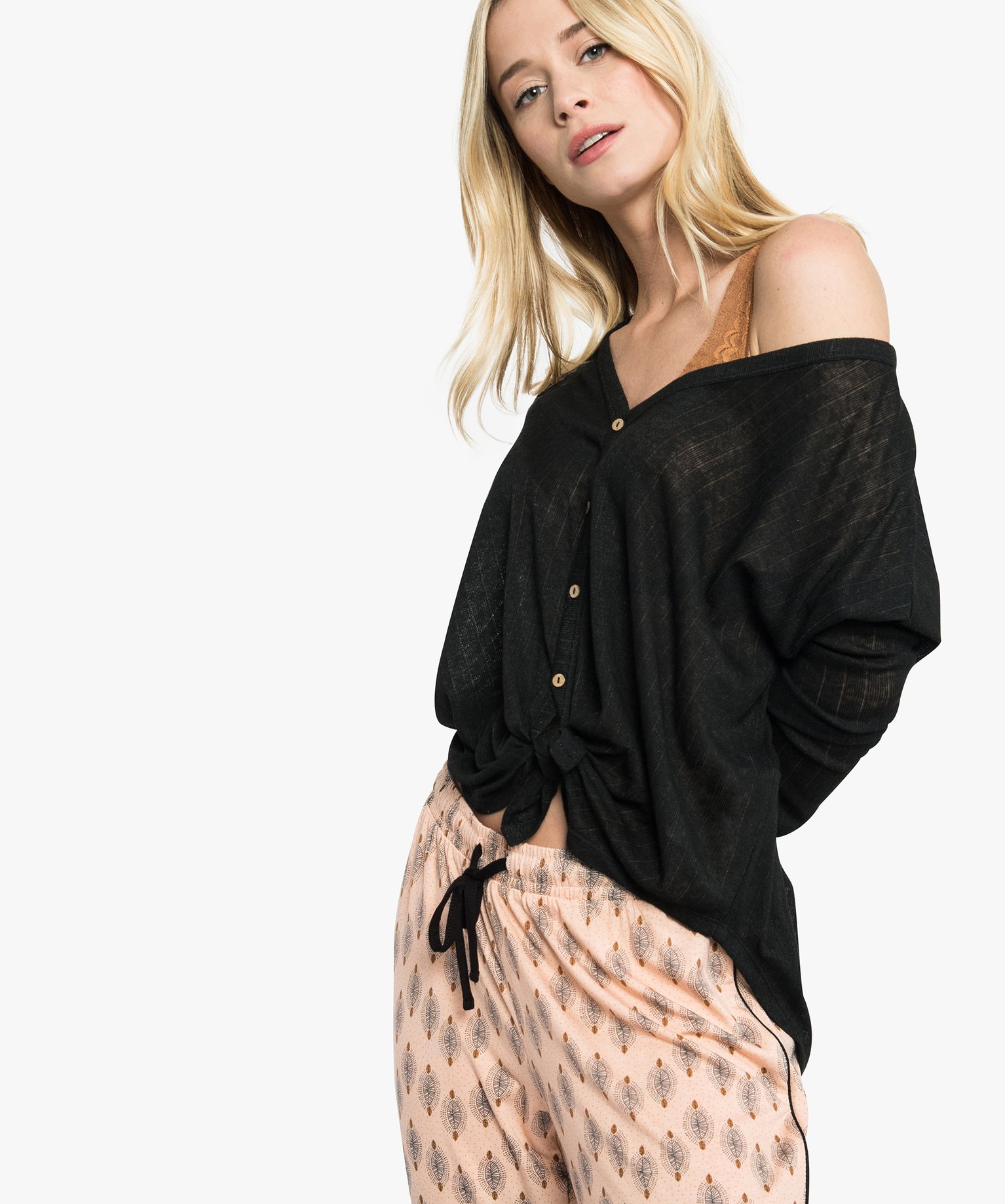 Gemo lingerie gilet homewear femme fluide et transparent noir pyjamas  ensembles vestes femme | GÉMO