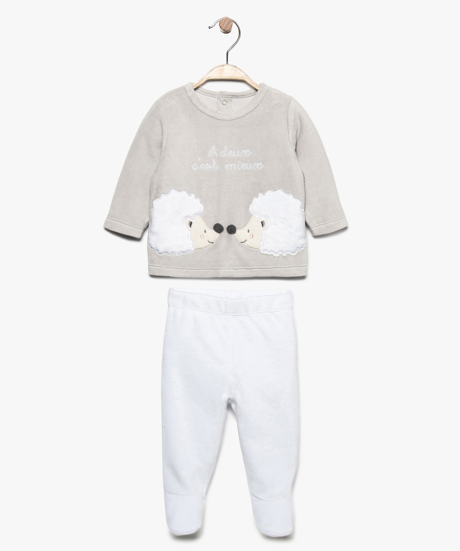 Gemo Vetements Fille Pyjama Bebe 2 Pieces En Velours Avec Pieds Motif Herissons Blanc Bebe Gemo