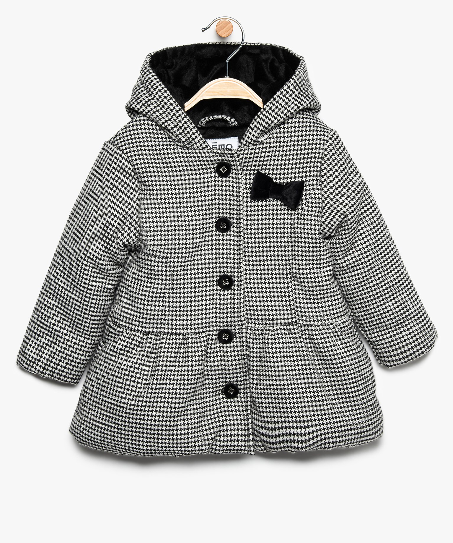 Gemo Vetements Fille Manteau Bebe Fille A Capuche Motif Pied De Poule Noir Bebe Gemo