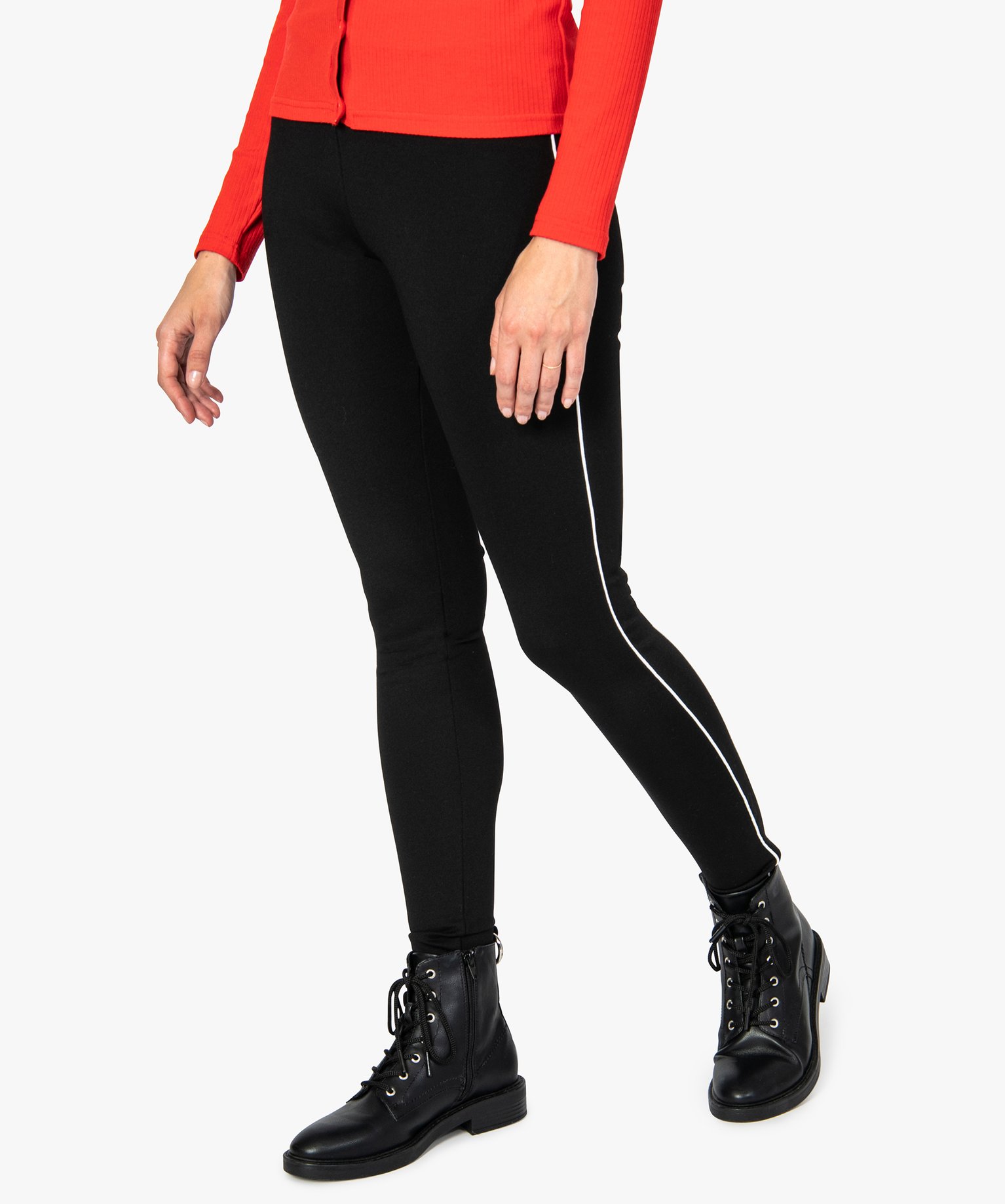 pantalon femme moulant a taille elastique et lisere contrastant noir leggings et jeggings