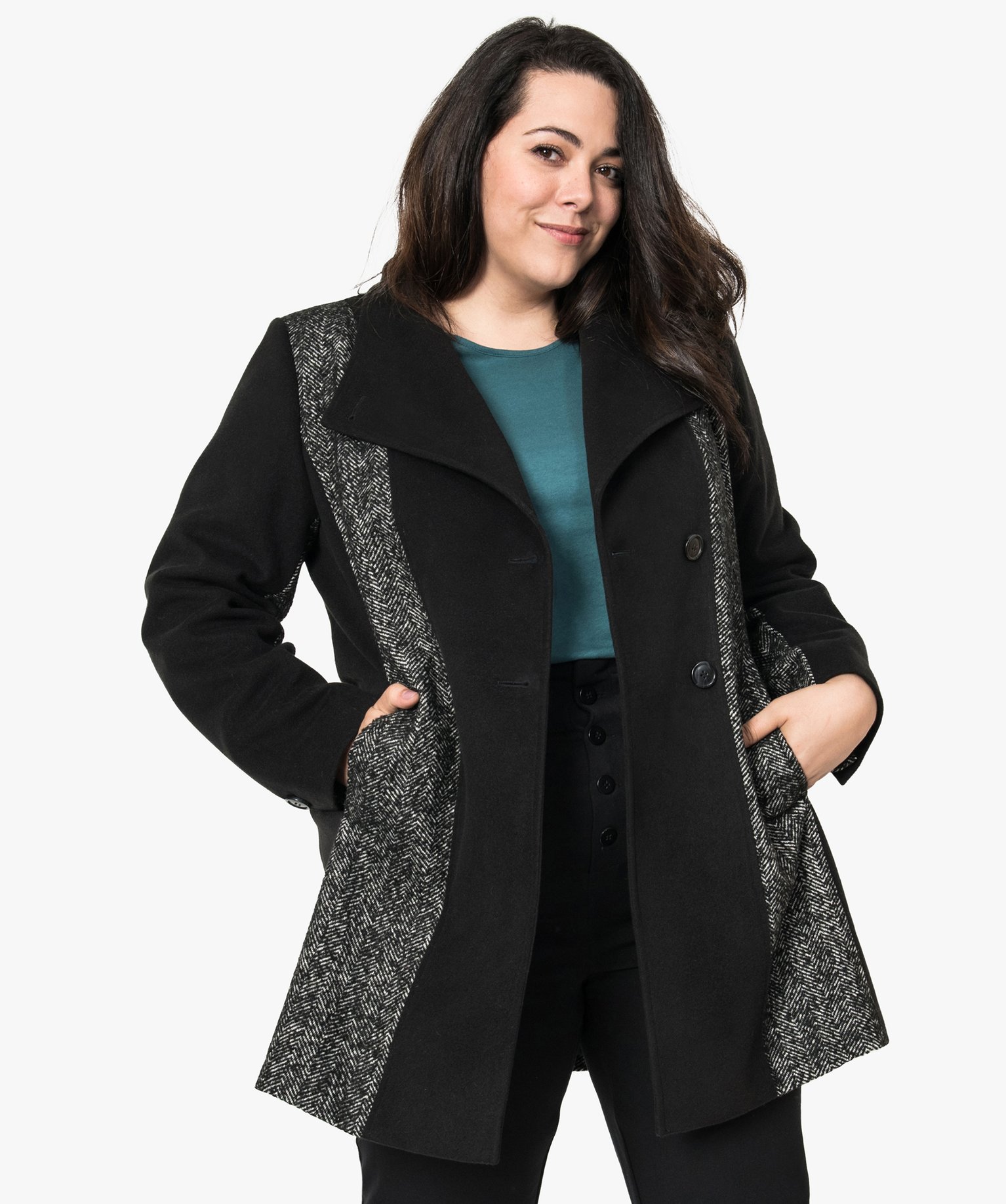 manteau noir femme bi matiere