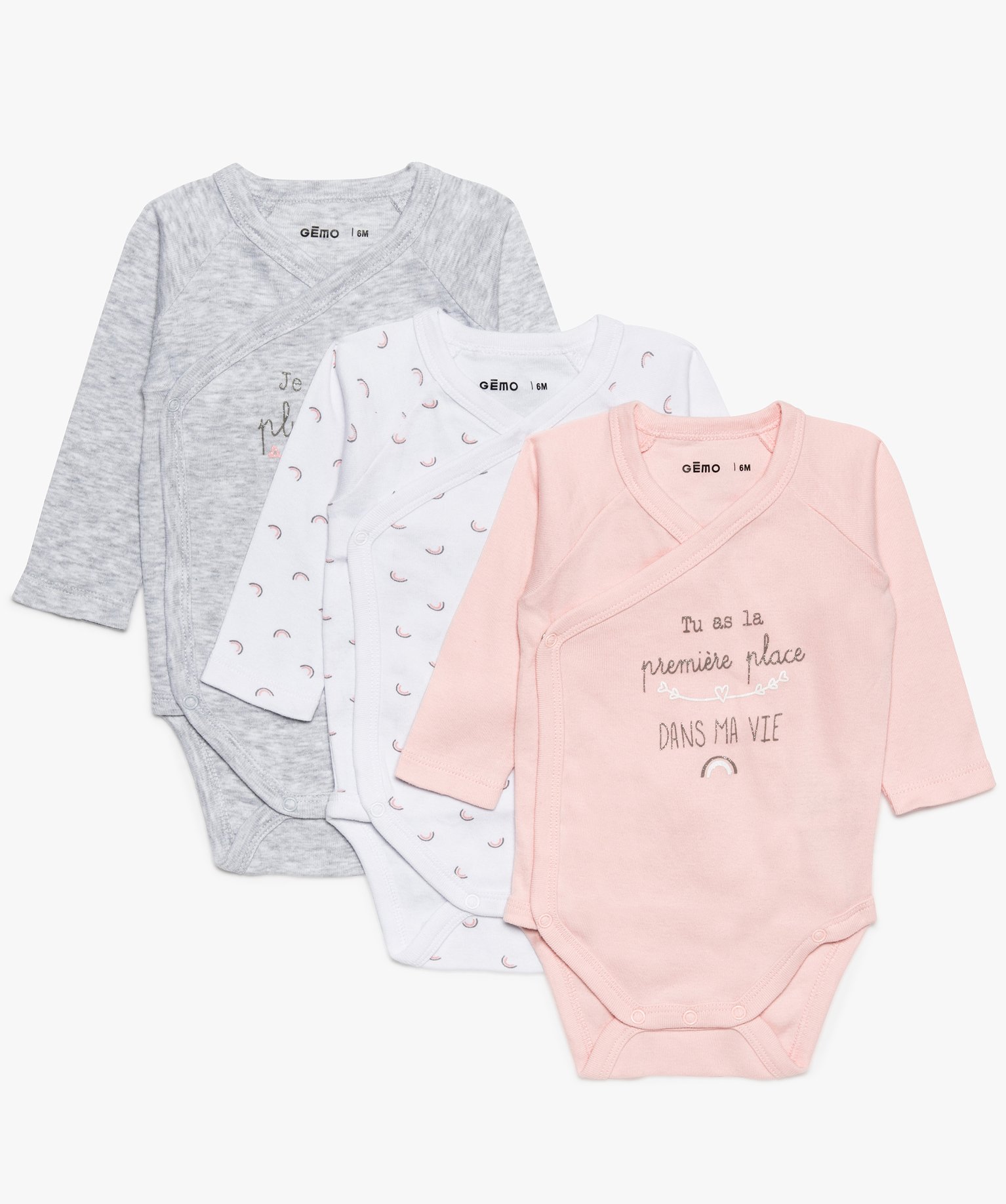 Gemo Vetements Fille Body Bebe Fille Lot De 3 Croise A Manches Longues En Coton Bio Multicolore Bebe Gemo