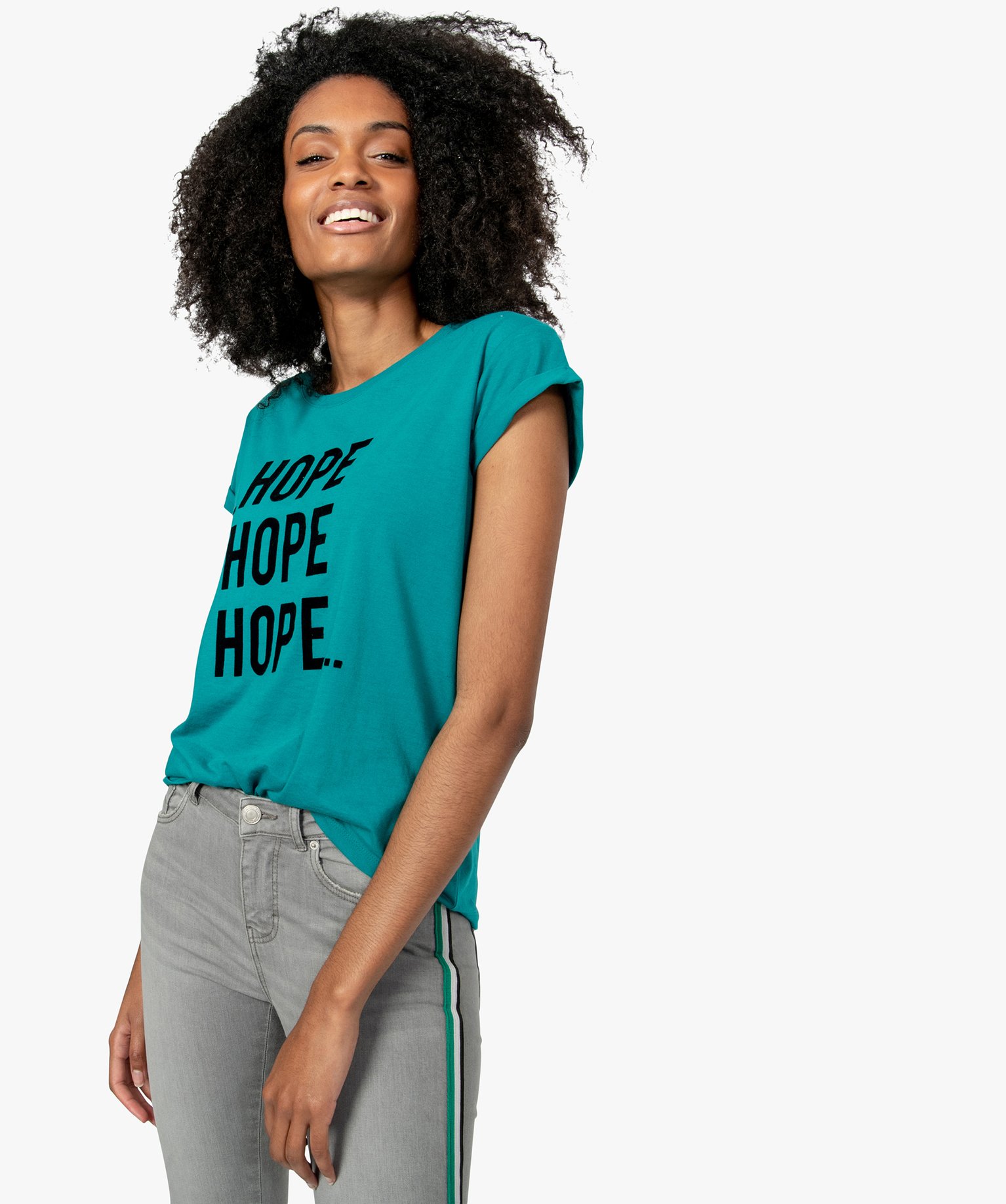 Gemo vetements tee shirt femme avec inscription velours sur lavant vert t shirts manches courtes femme GEMO